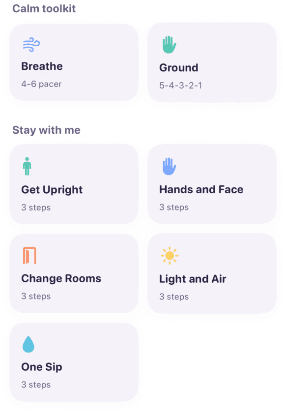 Calm toolkit with Breathe, Ground, and activation routines