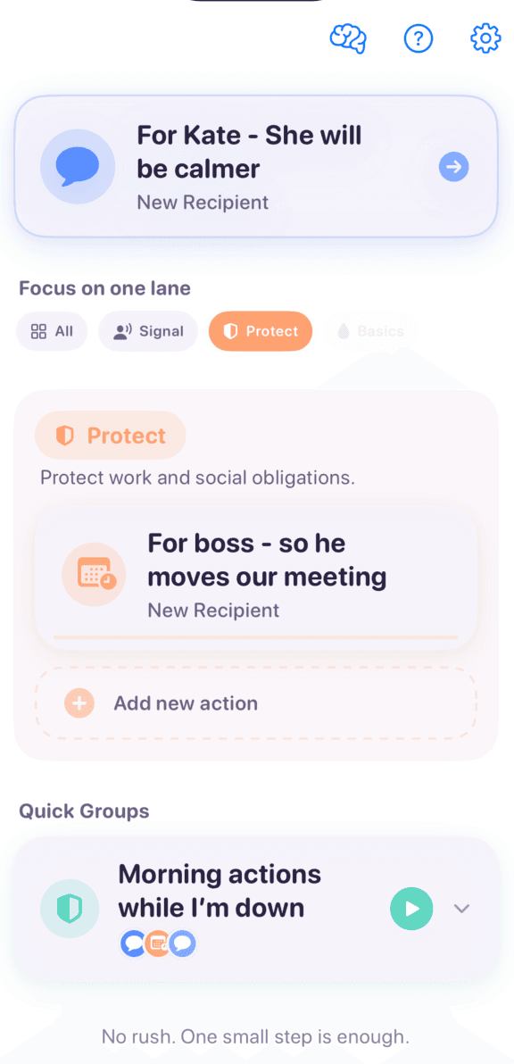 Home screen with lane filter showing Signal, Protect, and Basics tabs