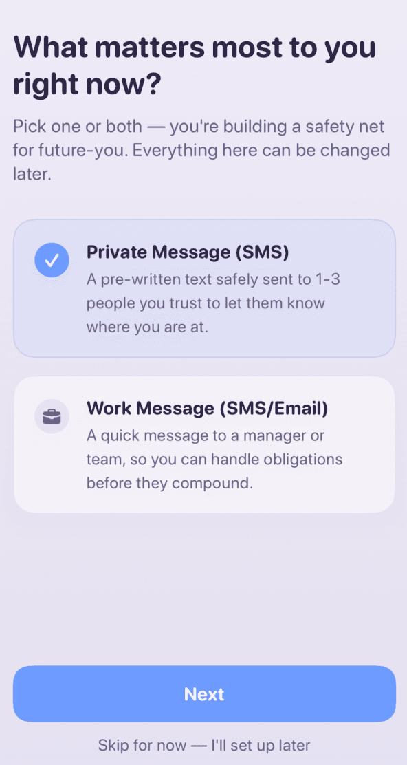 Onboarding screen asking what matters most — Private Message or Work Message