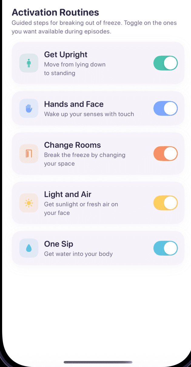 Activation Routines list showing Get Upright, Hands and Face, Change Rooms, Light and Air, One Sip