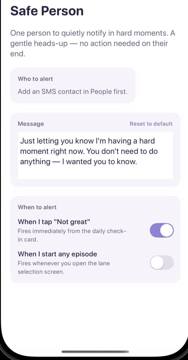 Safe Person configuration screen showing message and trigger settings