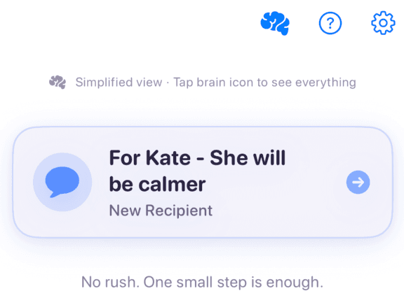 Simplified home view showing one pinned action card