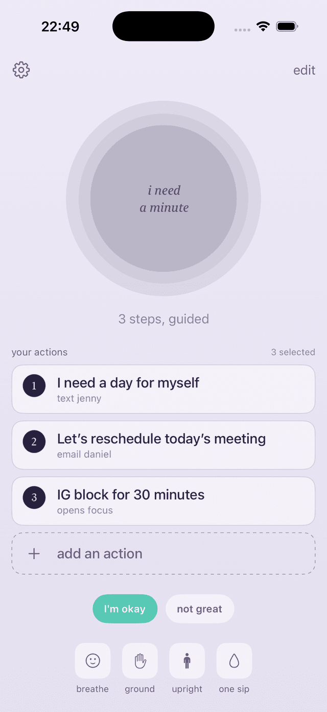 The I Need a Minute home — your plan ready to run, with a check-in and calm tools